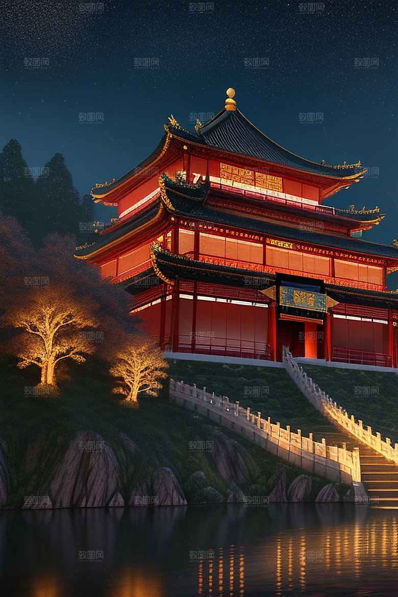 梦幻般的星空下中国风金宫殿