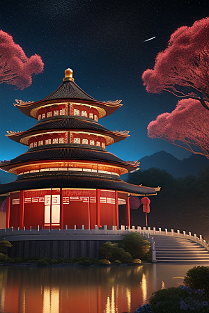 梦幻般的星空下中国风金宫殿
