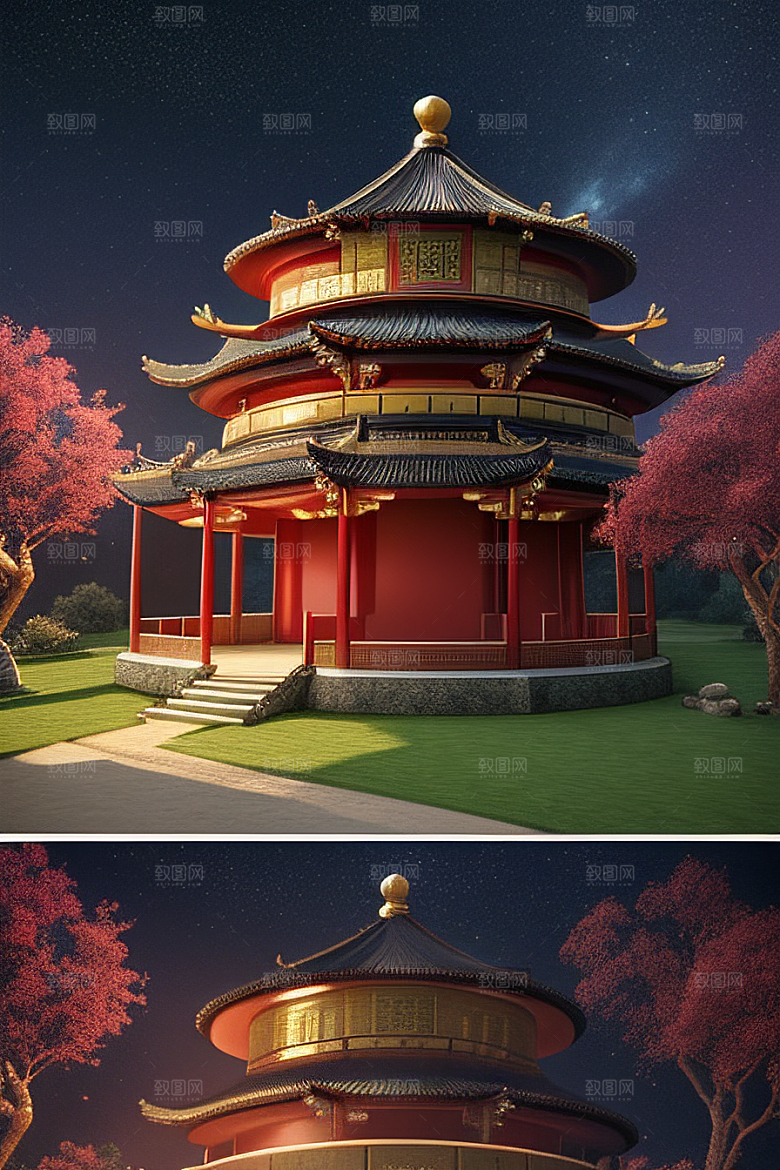 梦幻般的星空下中国风金宫殿