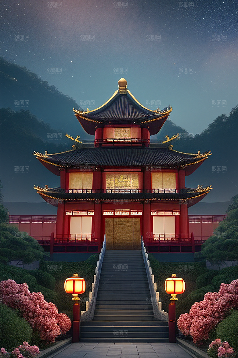 梦幻般的星空下中国风金宫殿