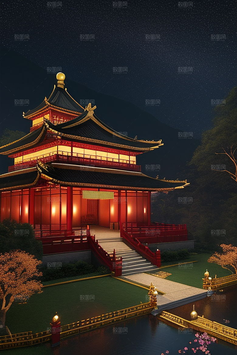 梦幻般的星空下中国风金宫殿