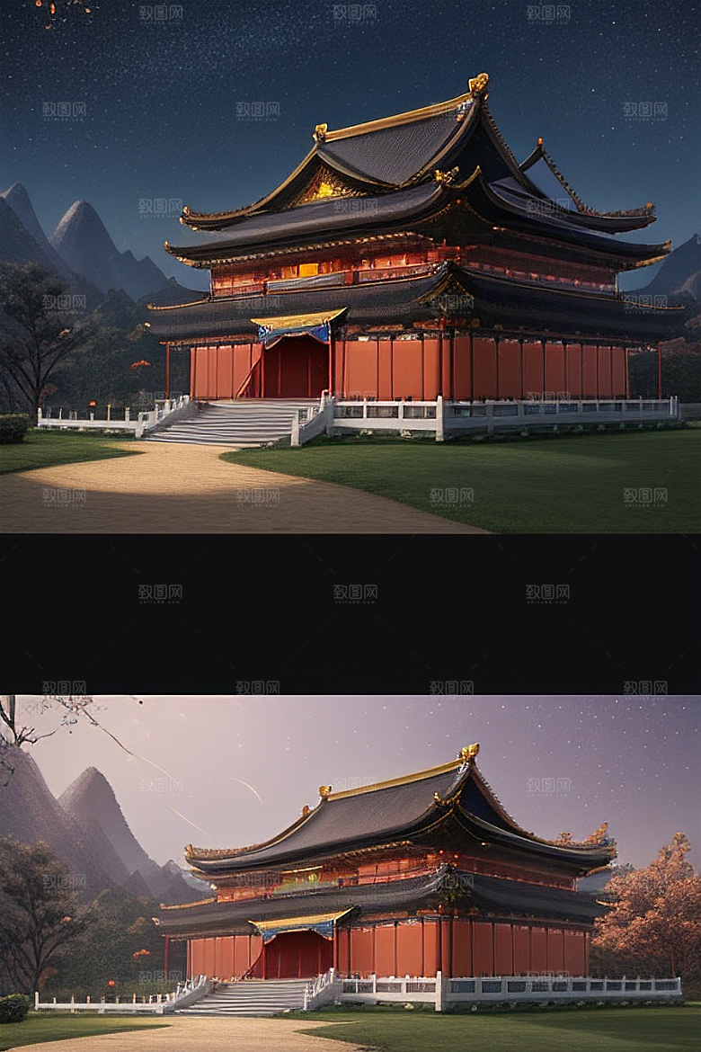 梦幻般的星空下中国风金宫殿