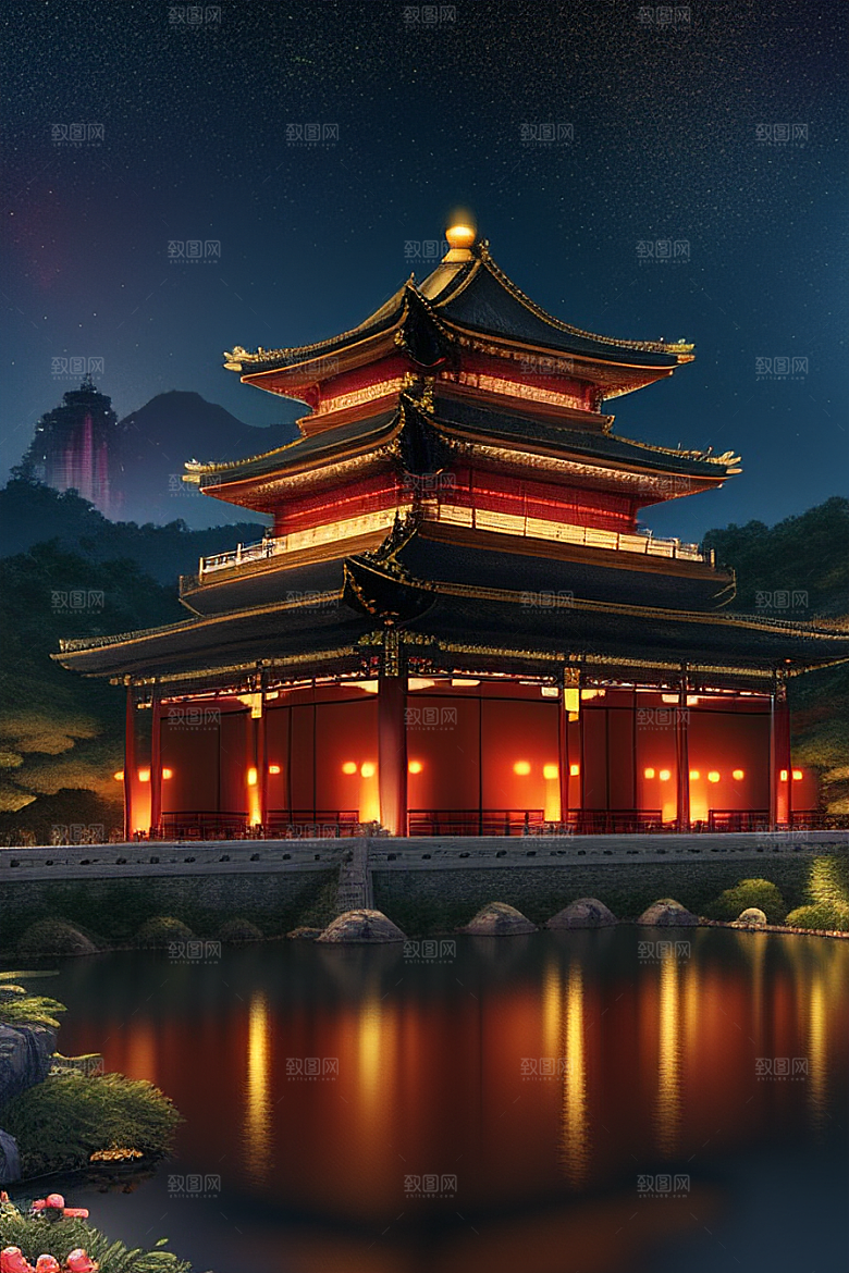 梦幻般的星空下中国风金宫殿
