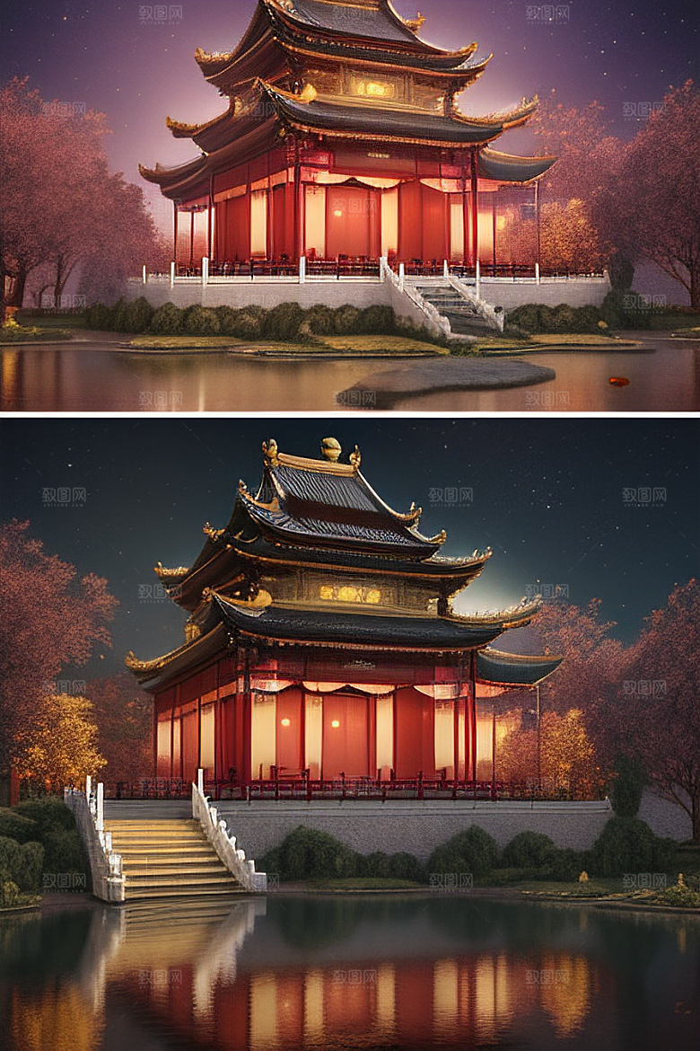 梦幻般的星空下中国风金宫殿