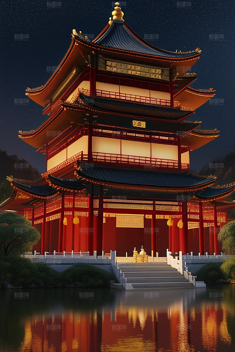 梦幻般的星空下中国风金宫殿