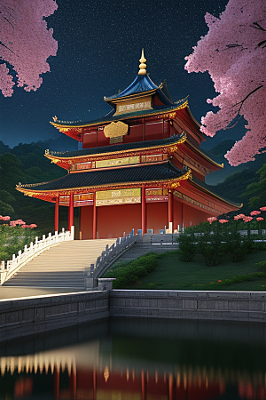 梦幻般的星空下中国风金宫殿