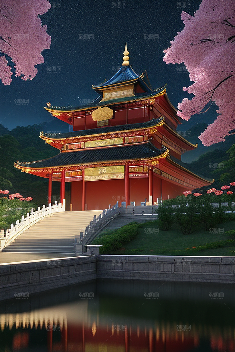 梦幻般的星空下中国风金宫殿