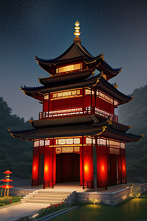 梦幻般的星空下中国风金宫殿