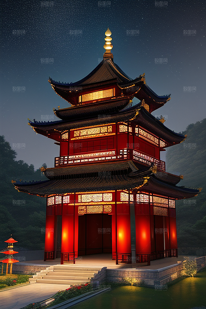 梦幻般的星空下中国风金宫殿