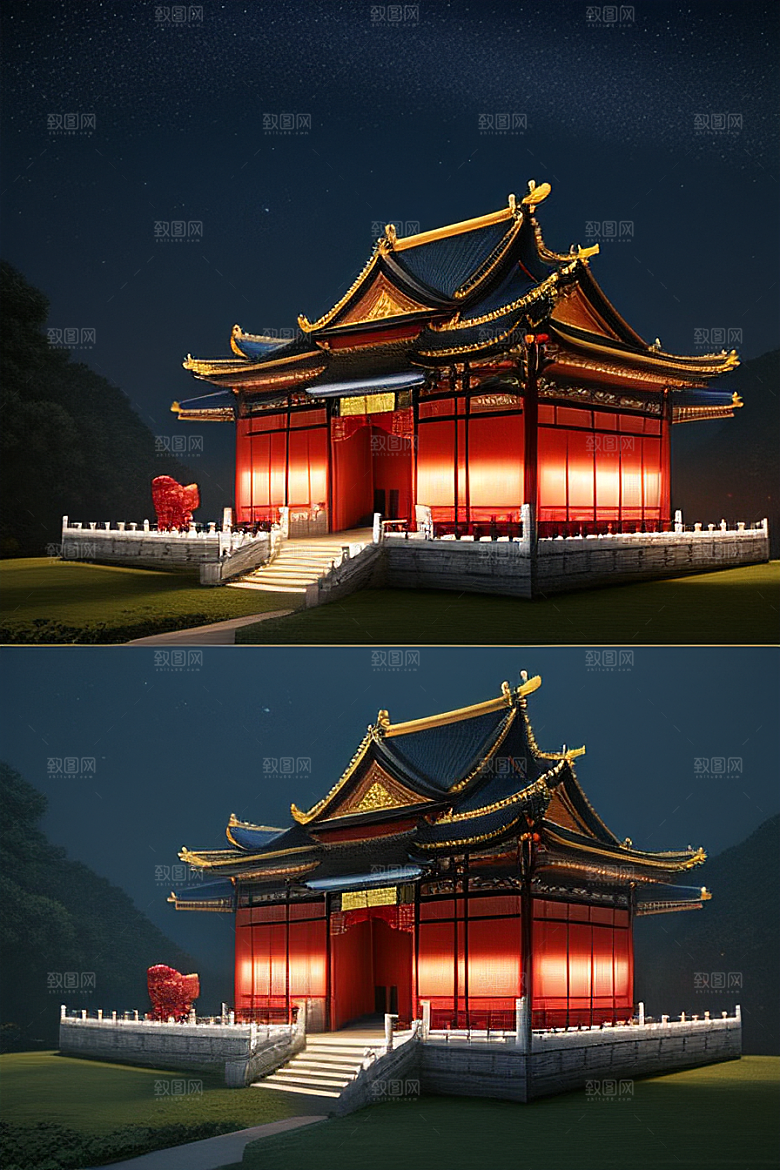 梦幻般的星空下中国风金宫殿