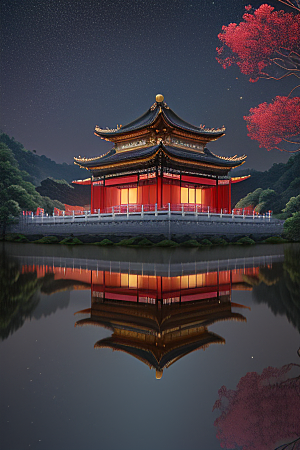 梦幻般的星空下中国风金宫殿