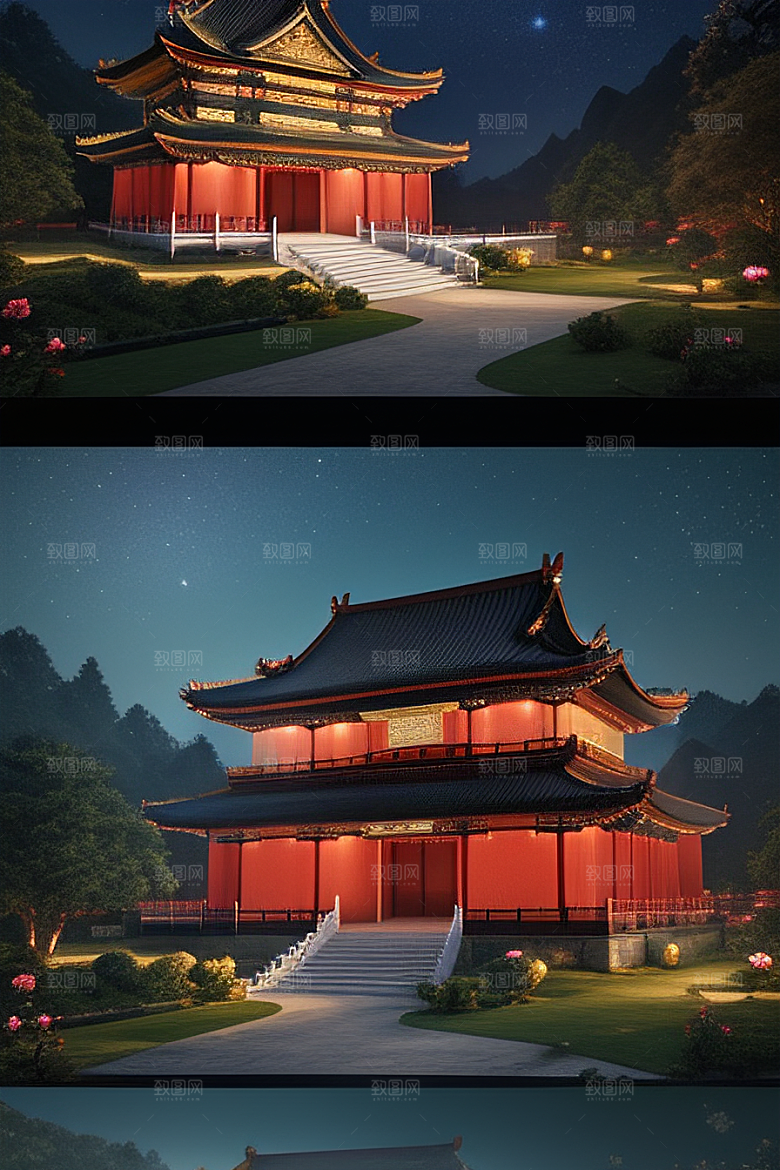 梦幻般的星空下中国风金宫殿
