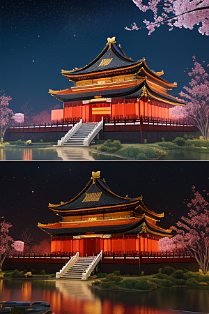 梦幻般的星空下中国风金宫殿