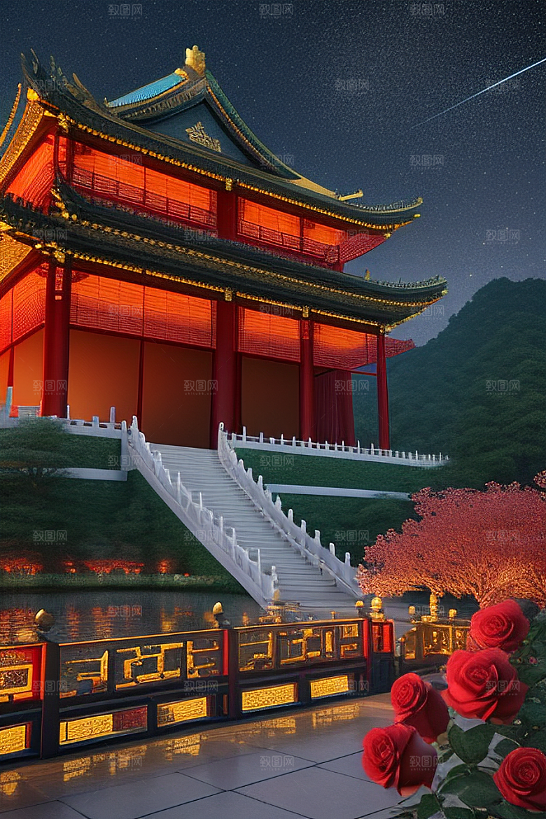 梦幻般的星空下中国风金宫殿