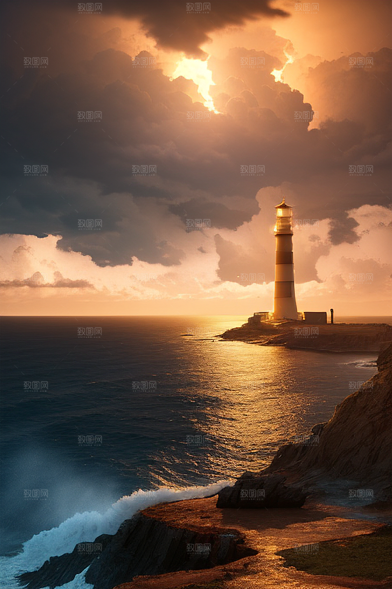 海上高耸的灯塔后启示录的景象