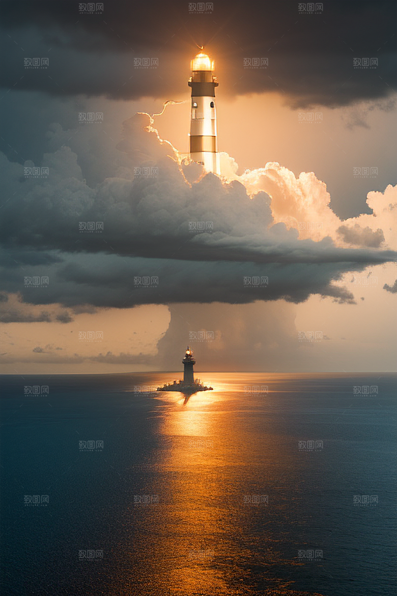 海上高耸的灯塔后启示录的景象