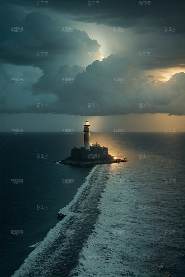海上高耸的灯塔后启示录的景象