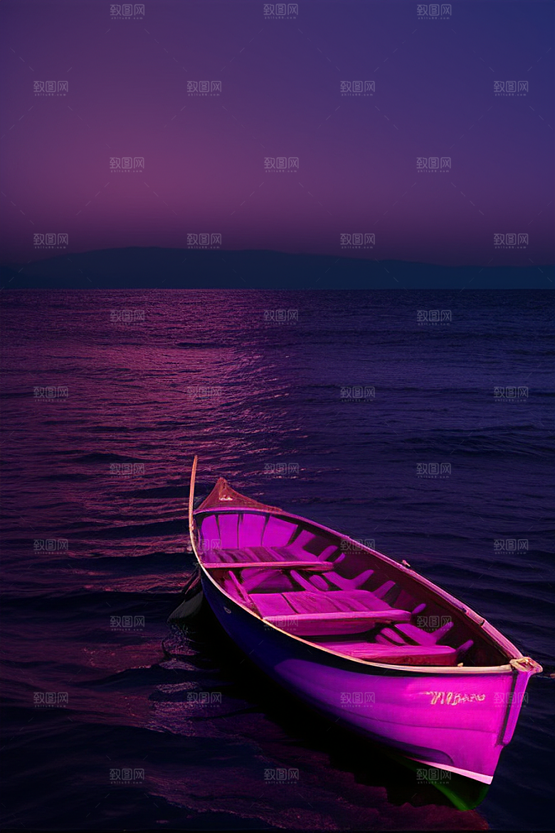 紫色海洋上的小船风格化