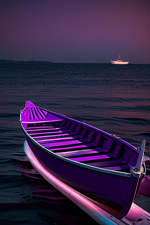 紫色海洋上的小船风格化