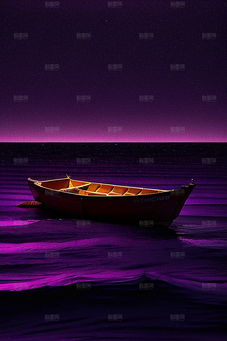 紫色海洋上的小船风格化