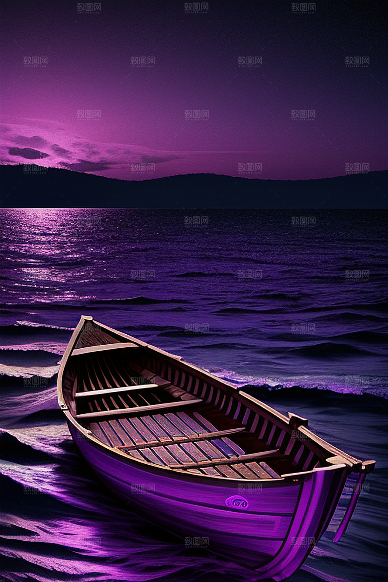 迷人紫色海洋上的舢板