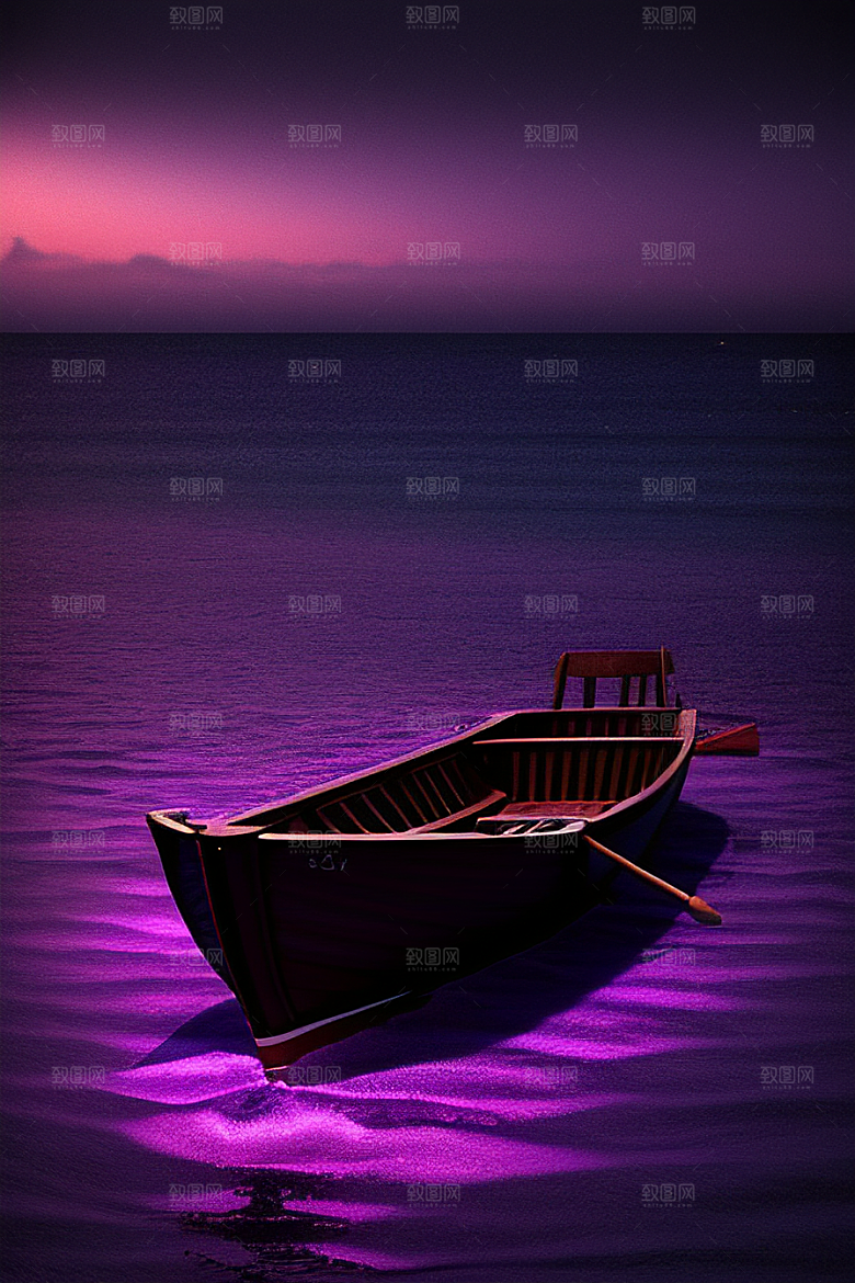 迷人紫色海洋上的舢板