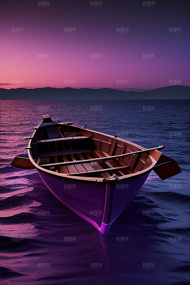 迷人紫色海洋上的舢板