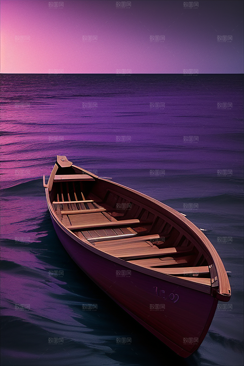 紫色海洋上的小船风格化