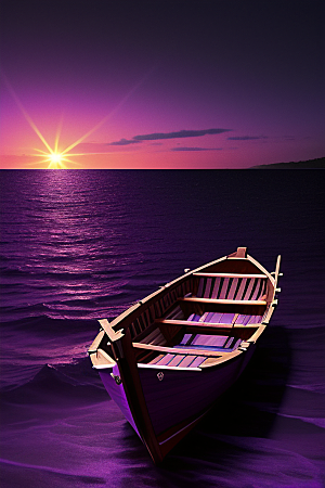 紫色海洋上的小船风格化