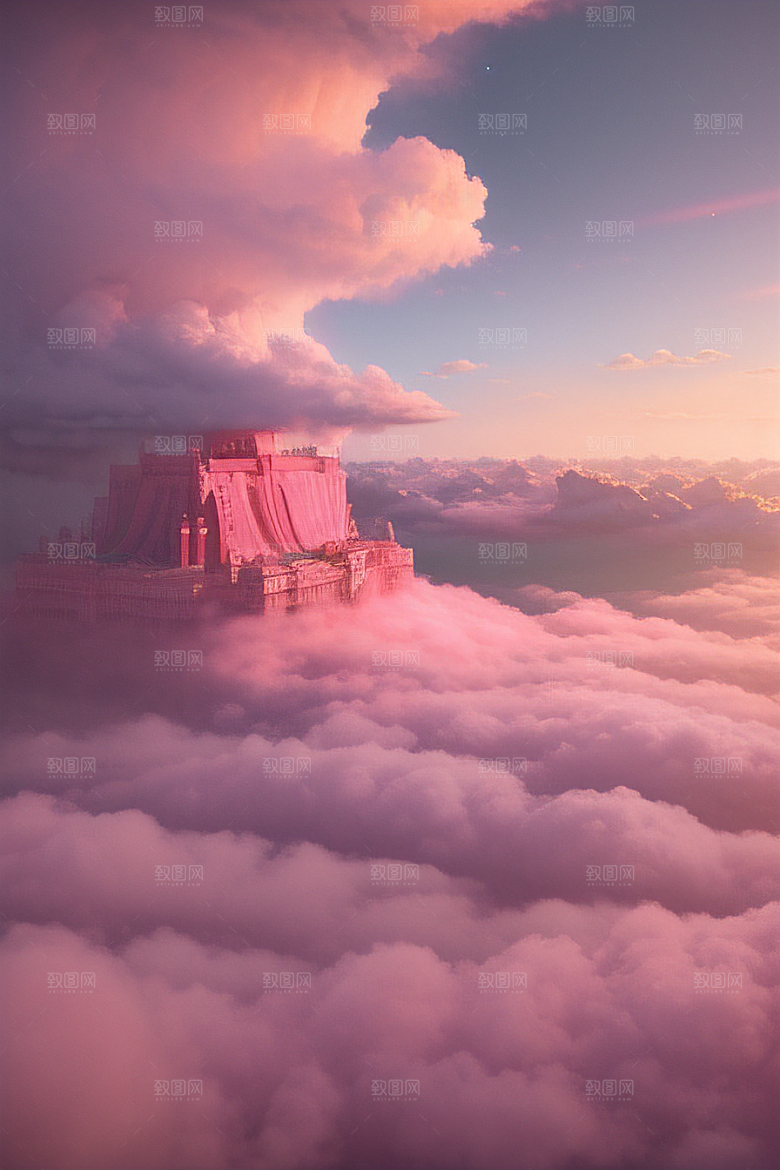 高清绘画梦幻云海中的三座宫殿