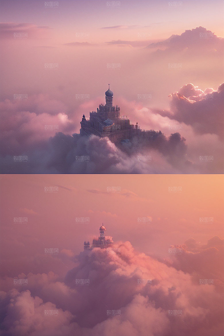 高清绘画梦幻云海中的三座宫殿