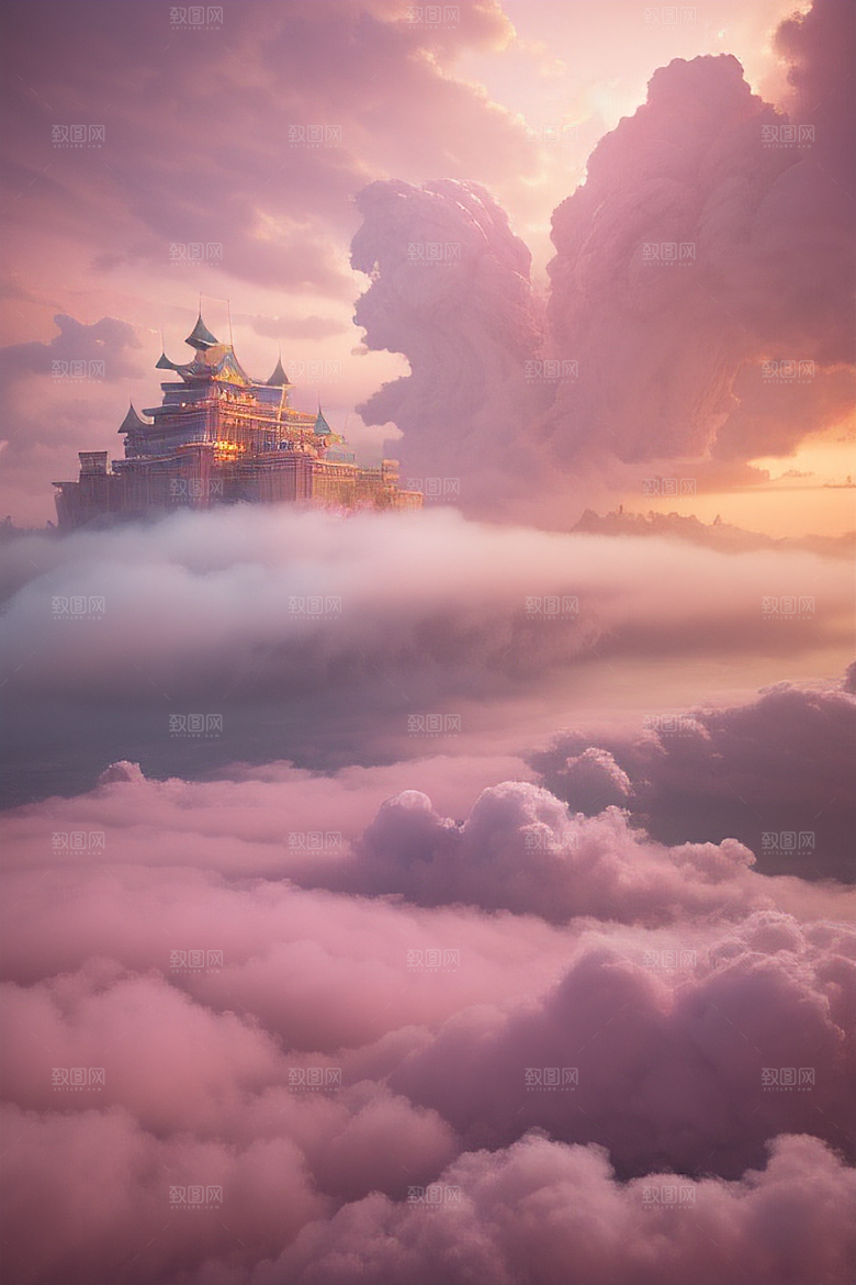 高清绘画梦幻云海中的三座宫殿