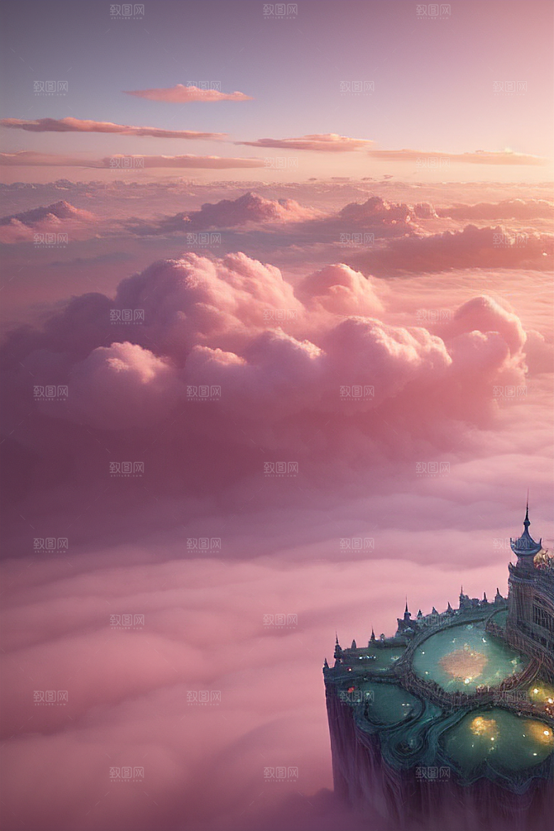 高清绘画梦幻云海中的三座宫殿