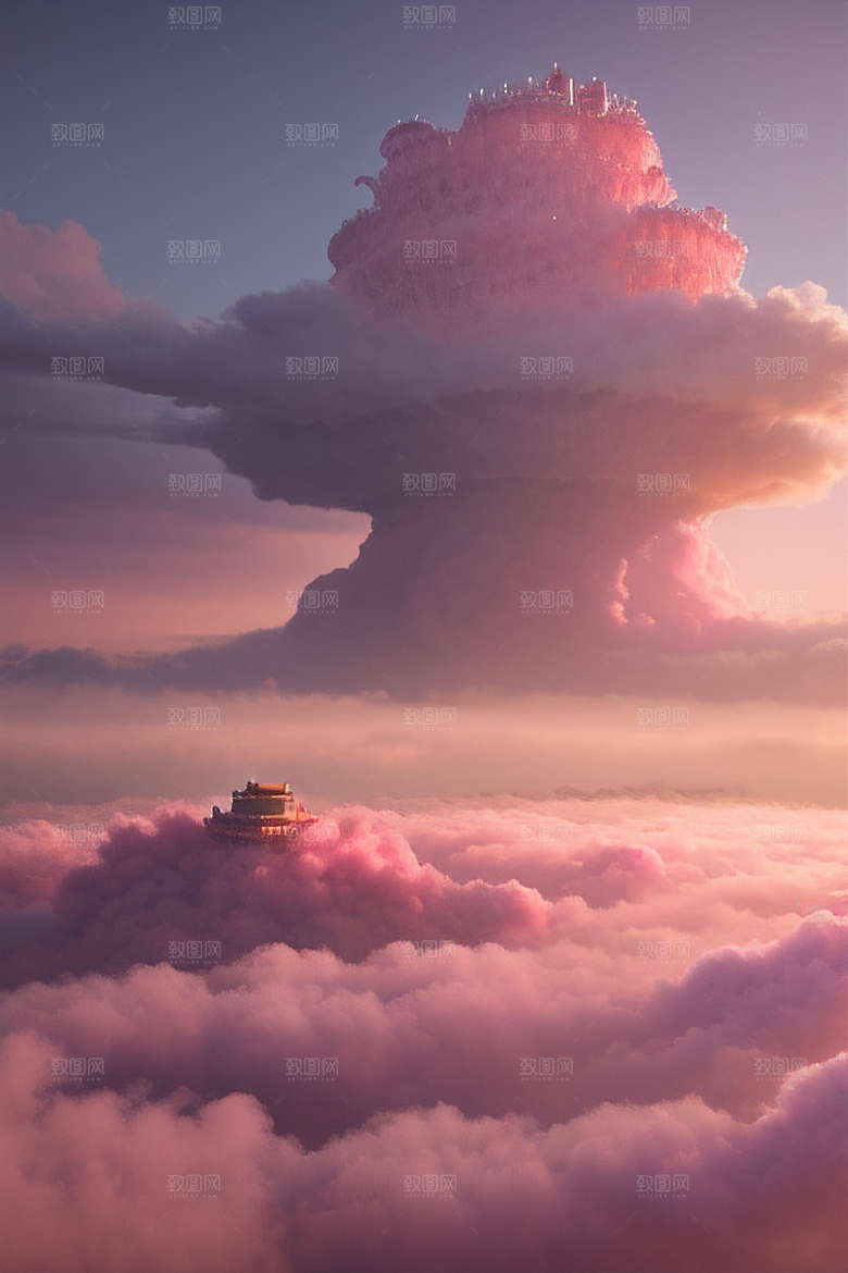 高清绘画梦幻云海中的三座宫殿
