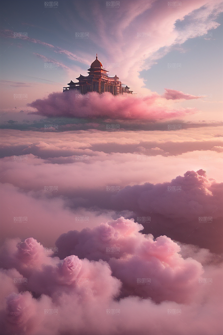 高清绘画梦幻云海中的三座宫殿