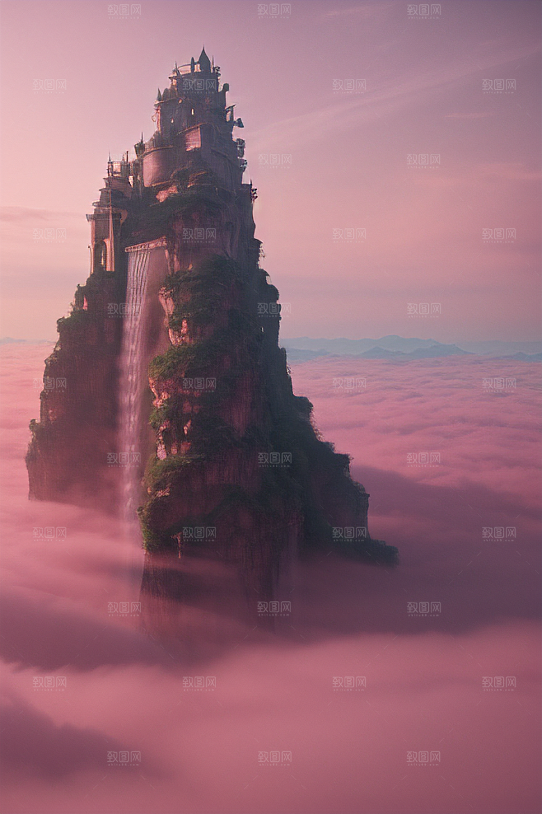 高清绘画梦幻云海中的三座宫殿