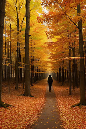 秋日森林漫步色彩斑斓
