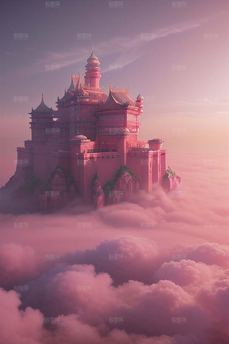 高清画作云端上的三座宏伟宫殿