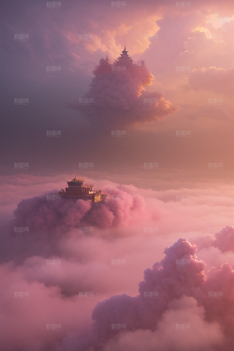 梦幻云海中的三座宫殿超清晰画面展现