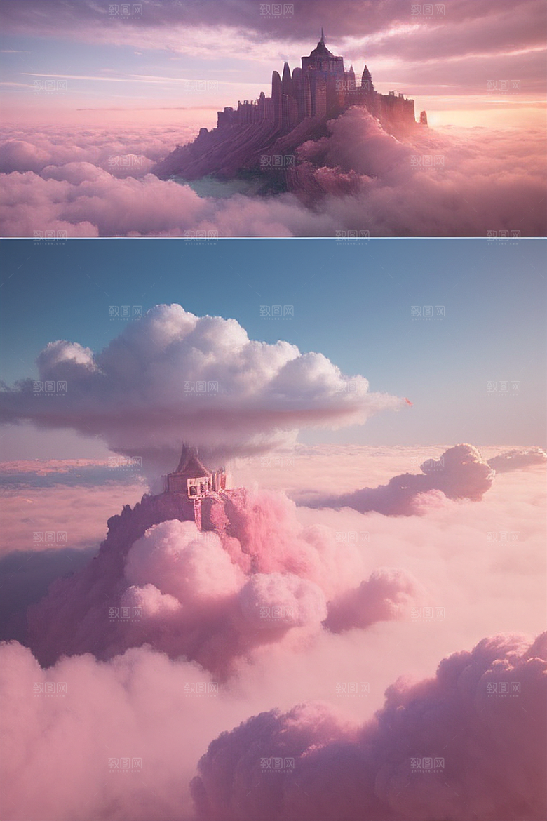 梦幻云海中的三座宫殿超清晰画面展现