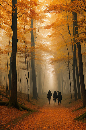 唯美艺术的秋日森林漫步