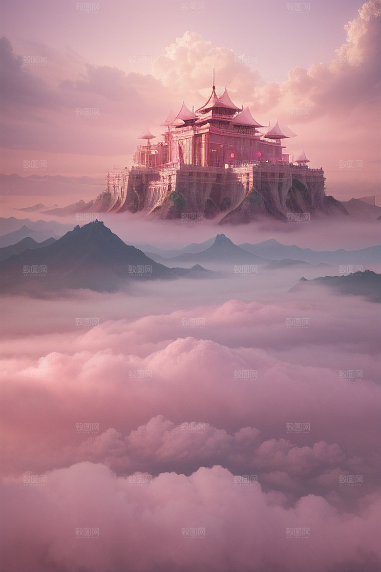 梦幻云海中的三座宫殿超清晰画面展现