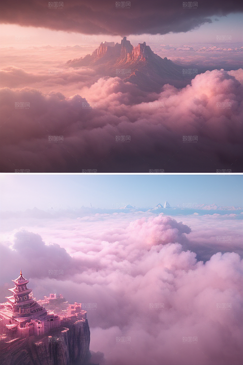 梦幻云海中的三座宫殿超清晰画面展现