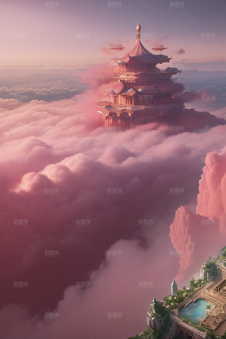 梦幻云海中的三座宫殿超清晰画面展现