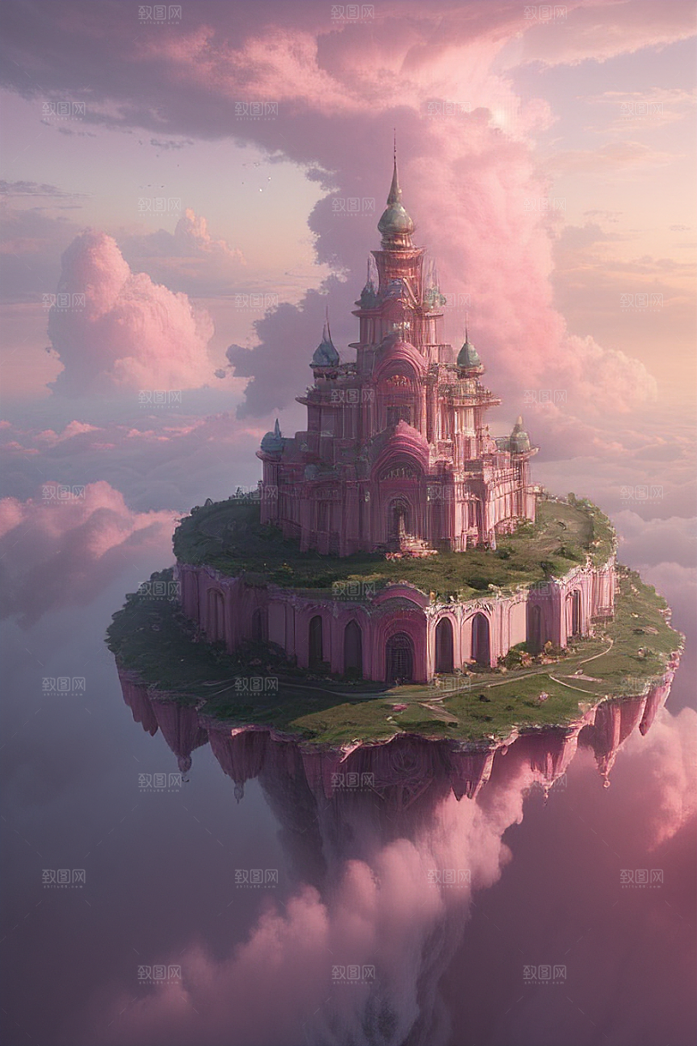 梦幻云海中的三座宫殿浩瀚壮丽的绘画