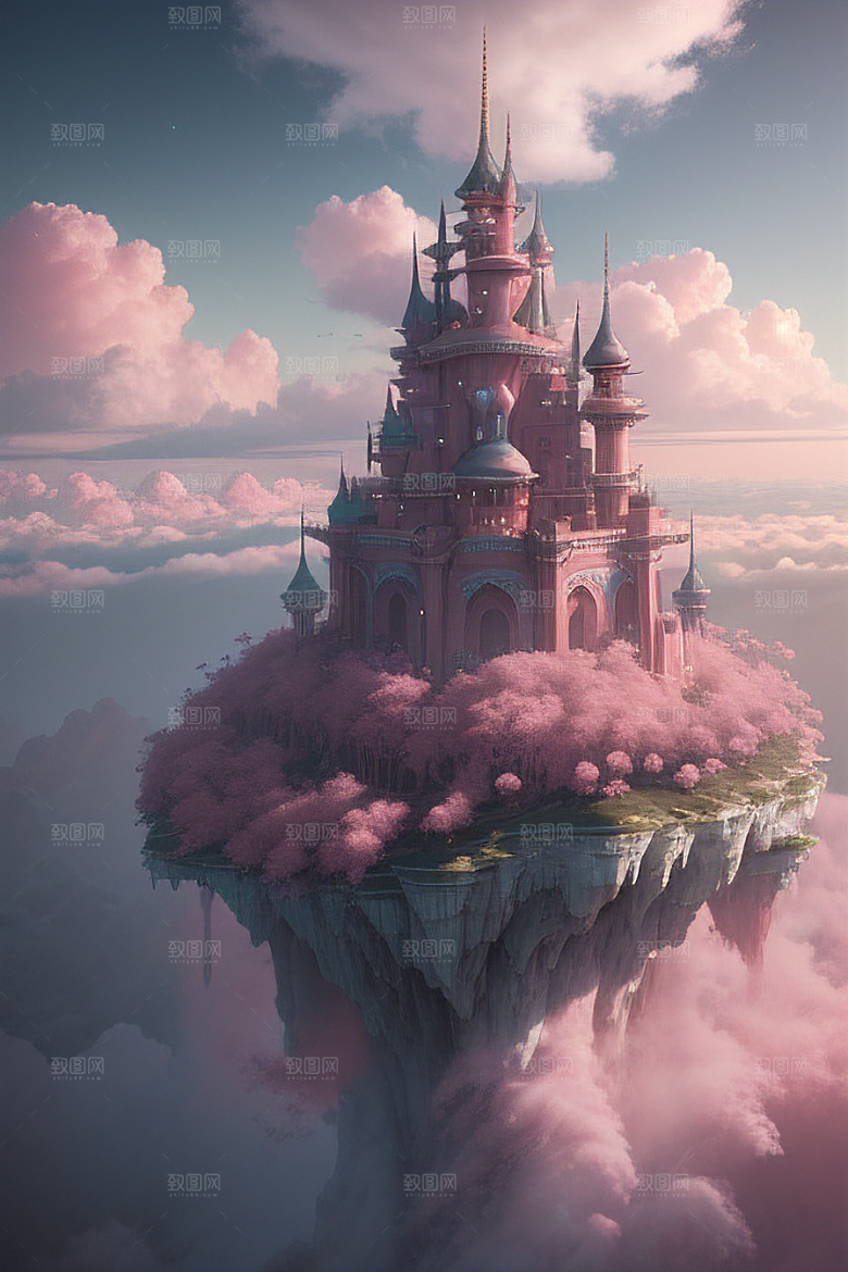 梦幻云海中的三座宫殿浩瀚壮丽的绘画