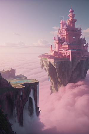 梦幻云海中的三座宫殿浩瀚壮丽的绘画