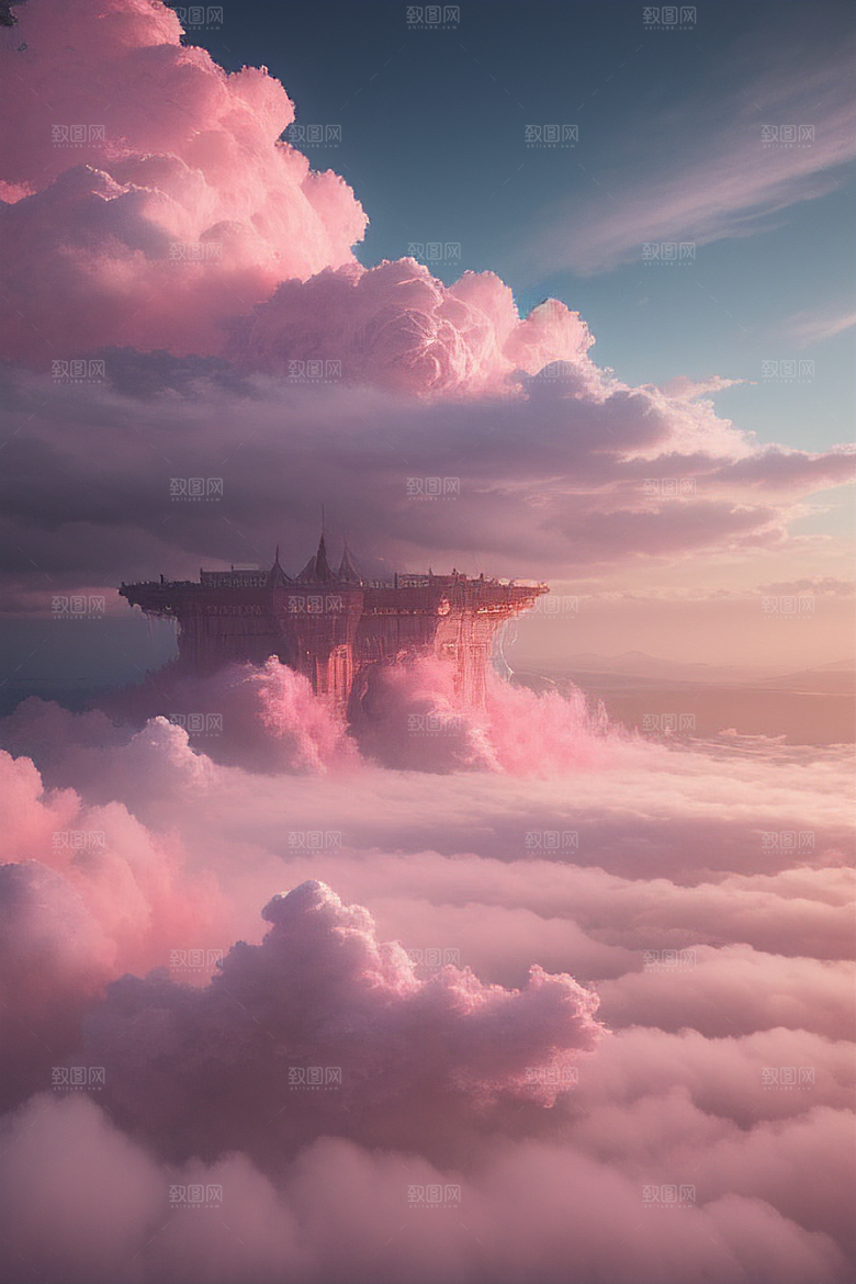 梦幻云海中的三座宫殿浩瀚壮丽的绘画