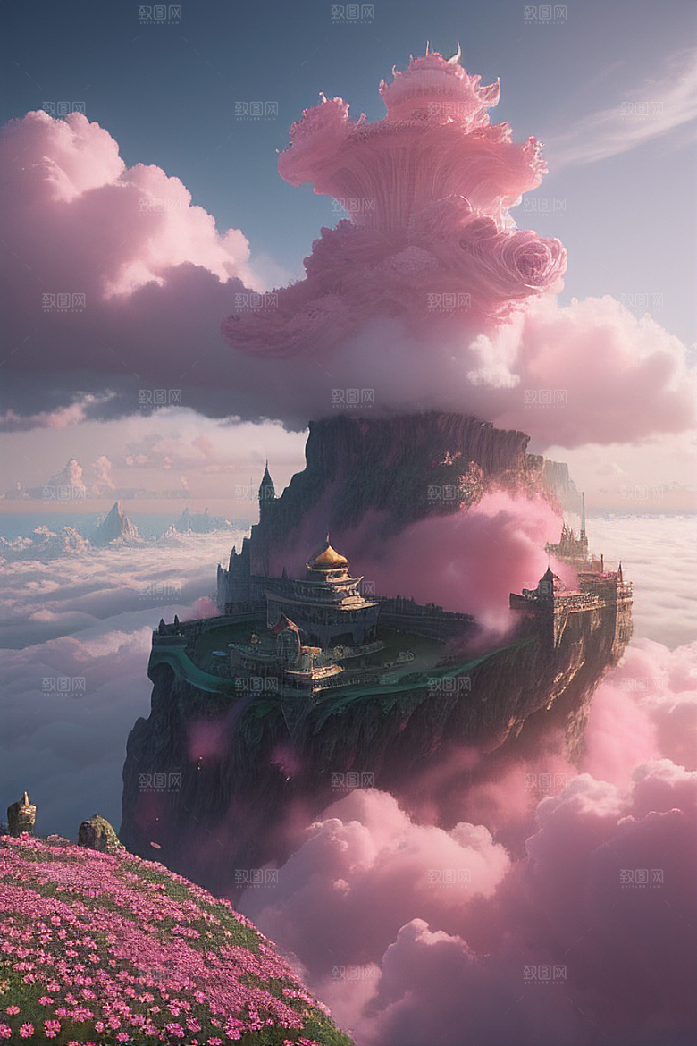 梦幻云海中的三座宫殿浩瀚壮丽的绘画