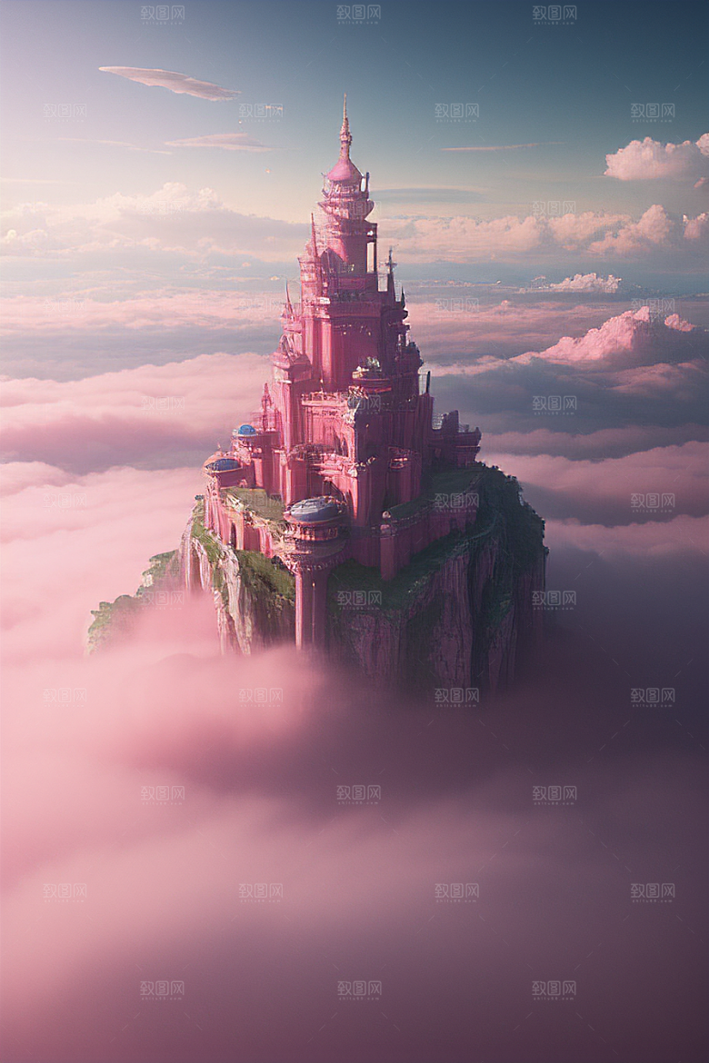梦幻云海中的三座宫殿浩瀚壮丽的绘画
